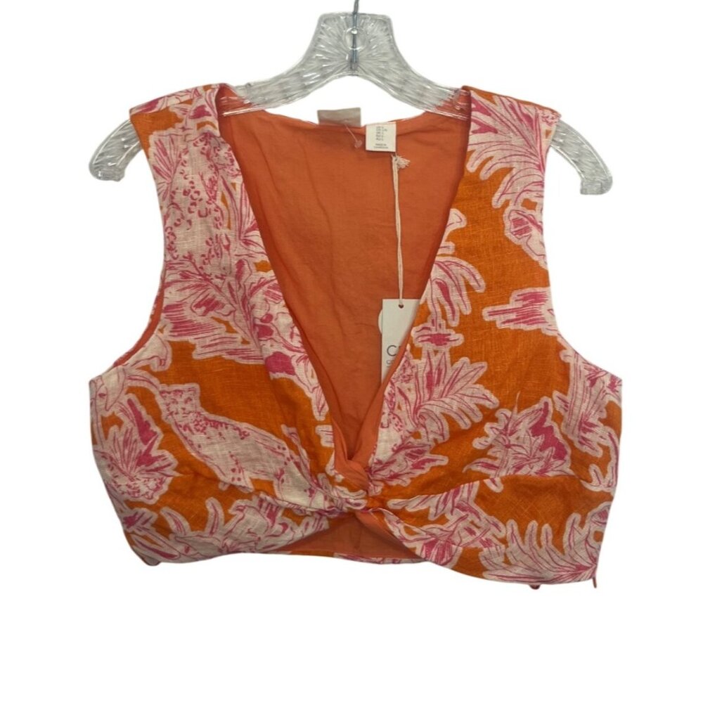 C&C California Linen Tie Front Crop Top Womens Large Orange Pink New